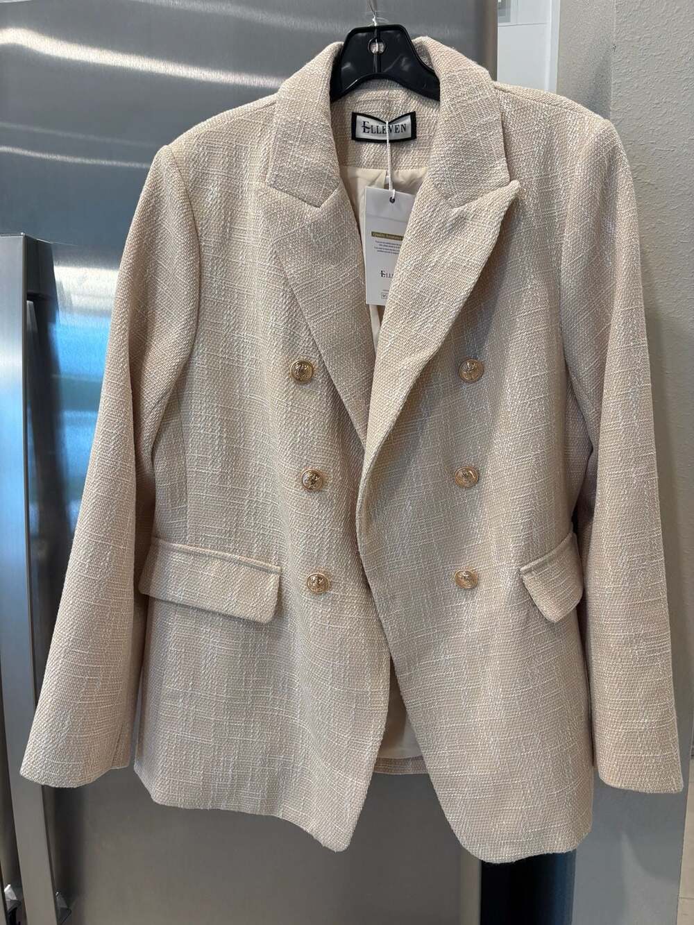Elleven Beige Tweed Double-Breasted Blazer with Gold Buttons